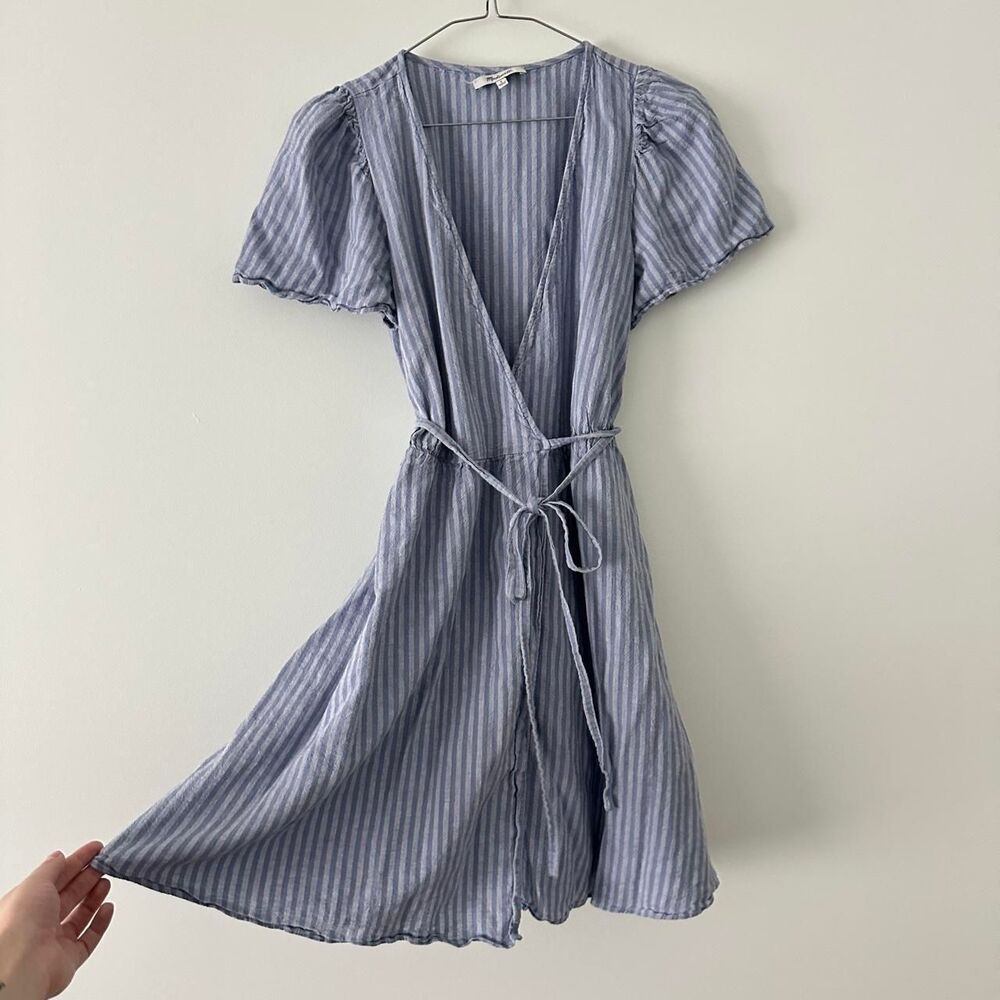 Madewell blue striped wrap mini dress small